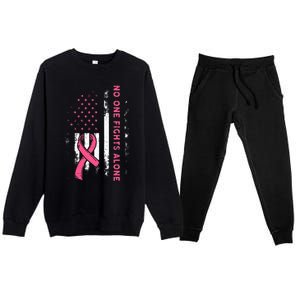 Breast Cancer Awareness Ribbon Usa American Flag Premium Crewneck Sweatsuit Set