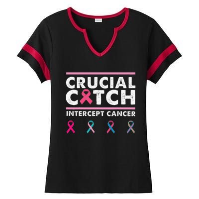 Breast Cancer Awareness Crucial A Catch Intercept Cancer Ladies Halftime Notch Neck Tee