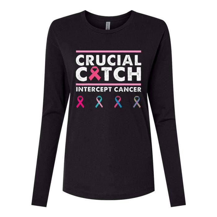 Breast Cancer Awareness Crucial A Catch Intercept Cancer Womens Cotton Relaxed Long Sleeve T-Shirt