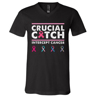 Breast Cancer Awareness Crucial A Catch Intercept Cancer V-Neck T-Shirt