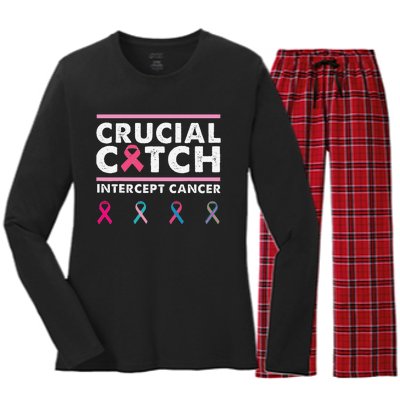 Breast Cancer Awareness Crucial A Catch Intercept Cancer Women's Long Sleeve Flannel Pajama Set 