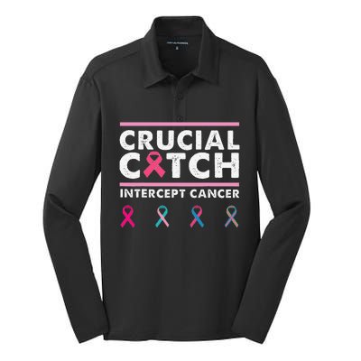 Breast Cancer Awareness Crucial A Catch Intercept Cancer Silk Touch Performance Long Sleeve Polo