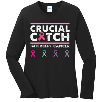 Breast Cancer Awareness Crucial A Catch Intercept Cancer Ladies Long Sleeve Shirt