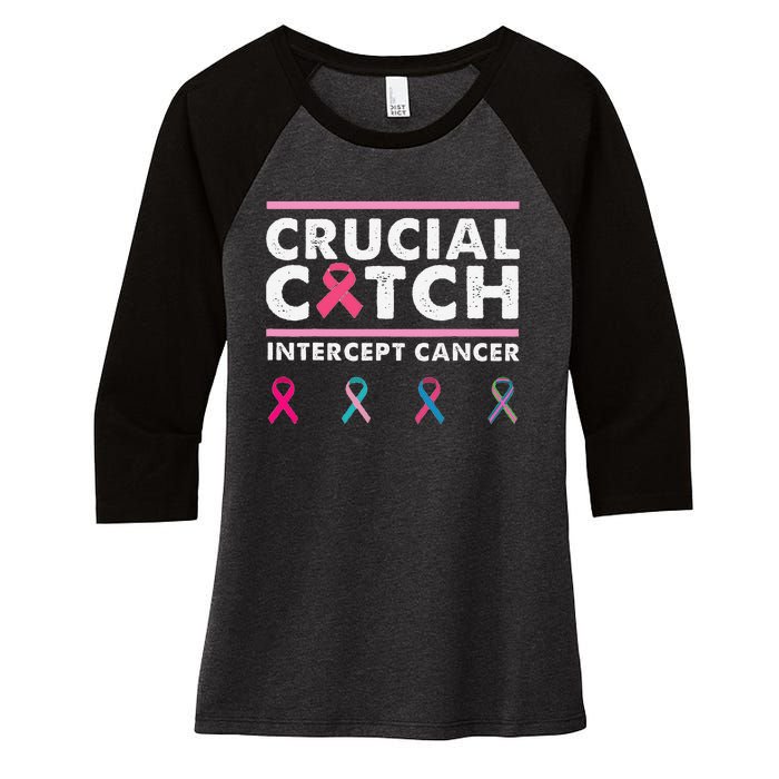 Breast Cancer Awareness Crucial A Catch Intercept Cancer Women's Tri-Blend 3/4-Sleeve Raglan Shirt