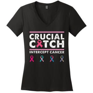 Breast Cancer Awareness Crucial A Catch Intercept Cancer Women's V-Neck T-Shirt