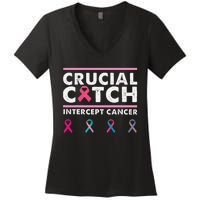 Breast Cancer Awareness Crucial A Catch Intercept Cancer Women's V-Neck T-Shirt