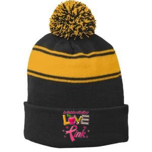 Breast Cancer Awareness In October We Wear Pink Teacher Love Stripe Pom Pom Beanie