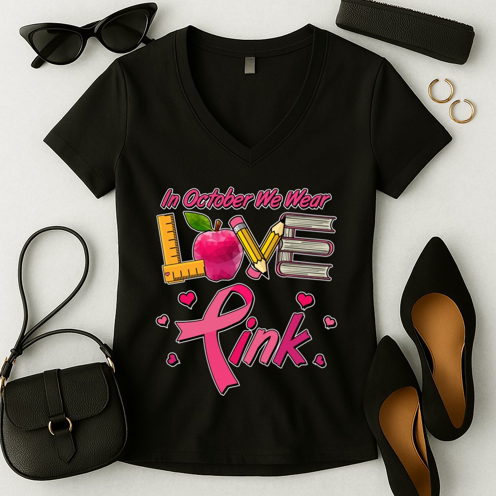 Breast Cancer Awareness In October We Wear Pink Teacher Love Women's V-Neck T-Shirt