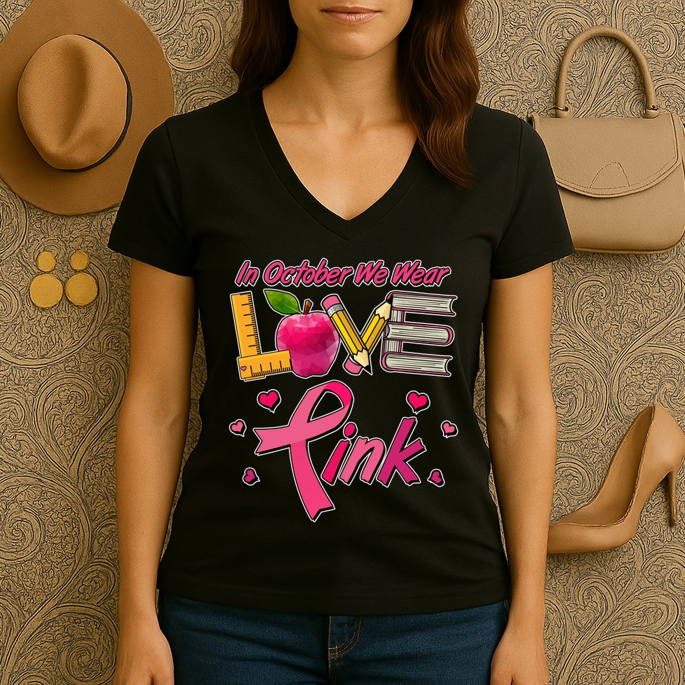 Breast Cancer Awareness In October We Wear Pink Teacher Love Women's V-Neck T-Shirt