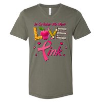 Breast Cancer Awareness In October We Wear Pink Teacher Love V-Neck T-Shirt