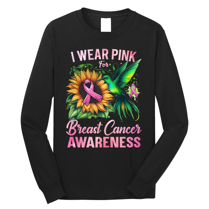 Breast Cancer Awareness Hummingbird Sunflower Long Sleeve Shirt