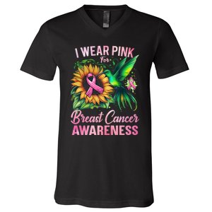 Breast Cancer Awareness Hummingbird Sunflower V-Neck T-Shirt