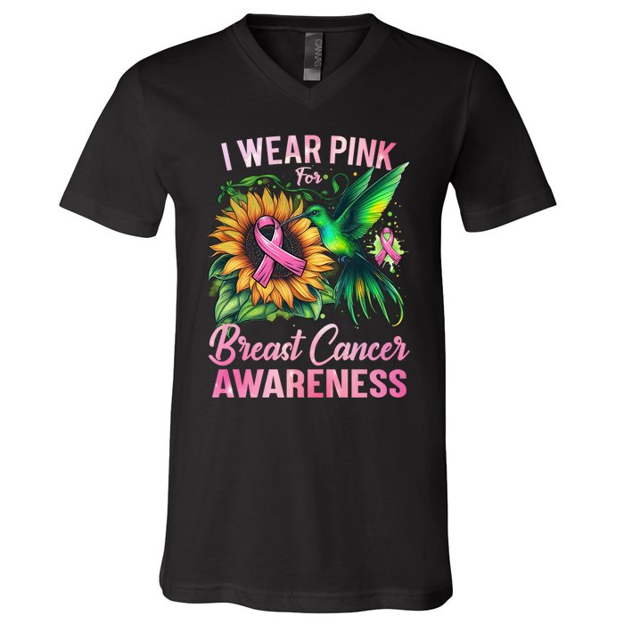 Breast Cancer Awareness Hummingbird Sunflower V-Neck T-Shirt