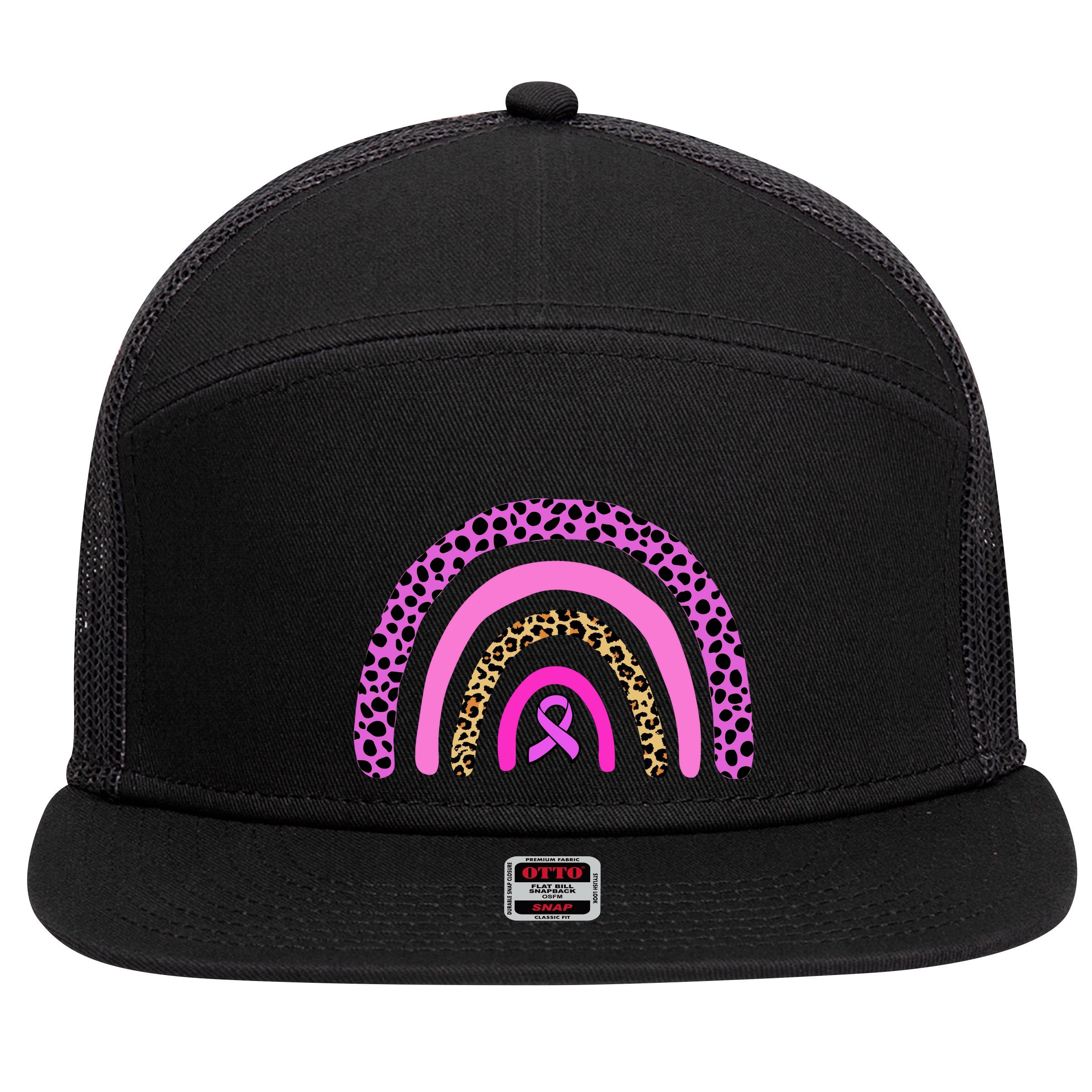 Breast Cancer Awareness Rainbow Leopard Design 7 Panel Mesh Trucker Snapback Hat