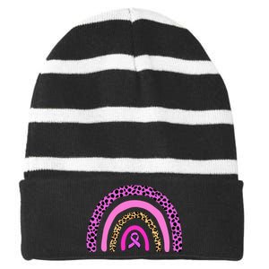 Breast Cancer Awareness Rainbow Leopard Design Striped Beanie with Solid Band