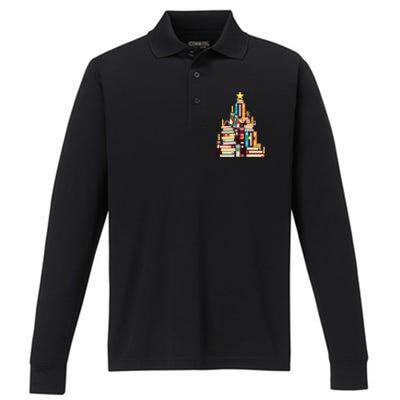 Booklovers Christmas Book Tree Funny Gift Performance Long Sleeve Polo