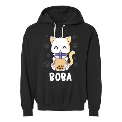 Boba Cat Bubble Tea Chibi Kitten Garment-Dyed Fleece Hoodie