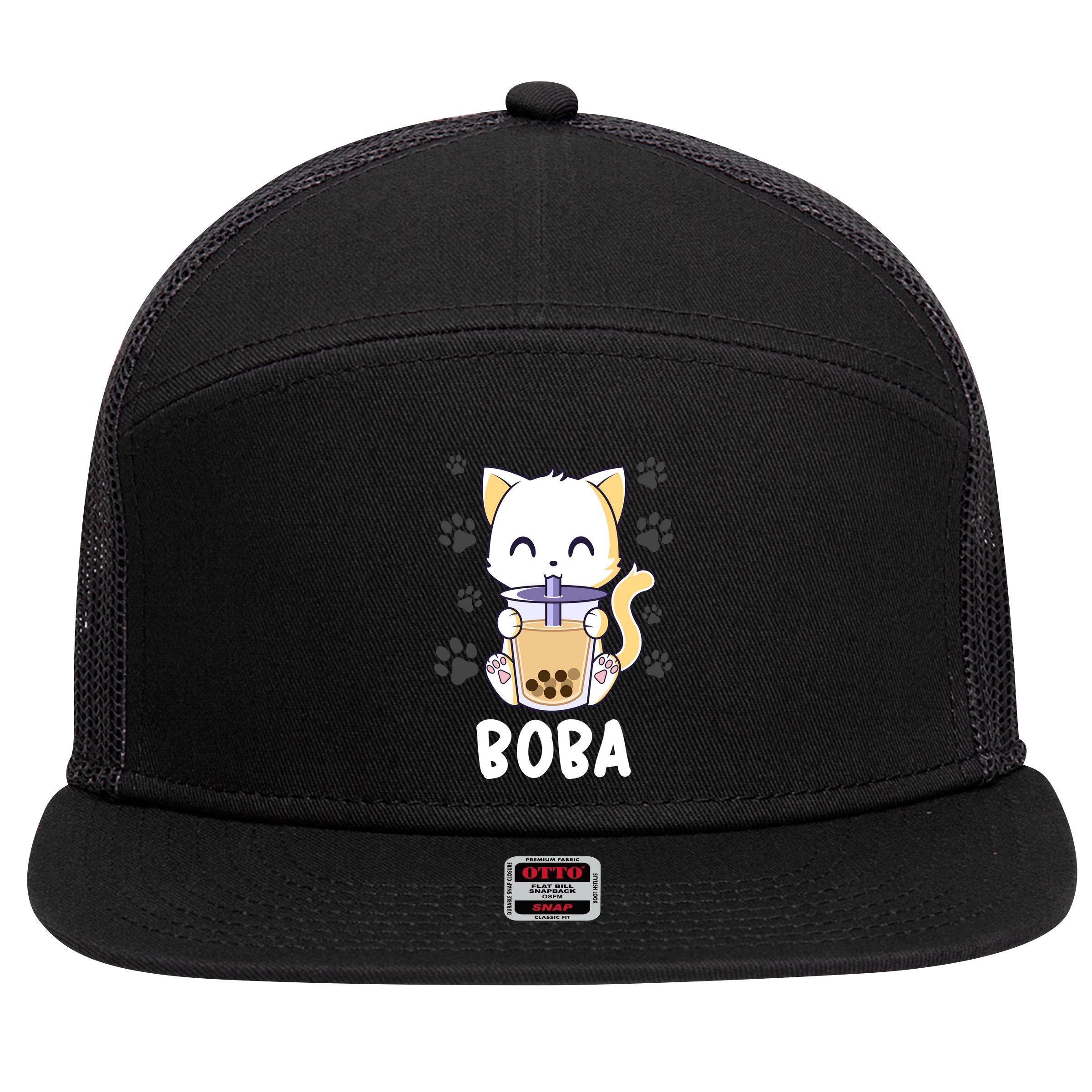 Boba Cat Bubble Tea Chibi Kitten 7 Panel Mesh Trucker Snapback Hat