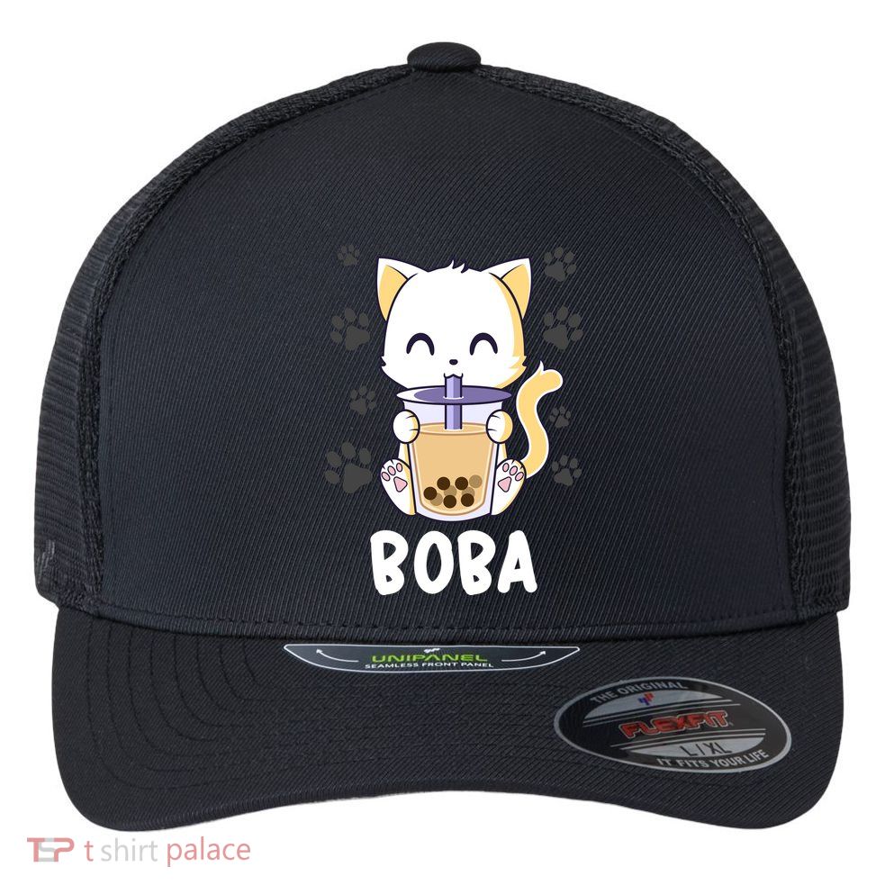 Boba Cat Bubble Tea Chibi Kitten Flexfit Unipanel Trucker Cap