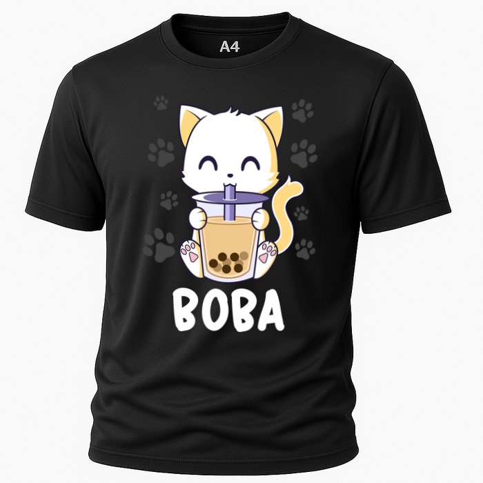 Boba Cat Bubble Tea Chibi Kitten Cooling Performance Crew T-Shirt