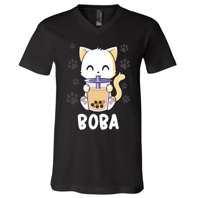 Boba Cat Bubble Tea Chibi Kitten V-Neck T-Shirt