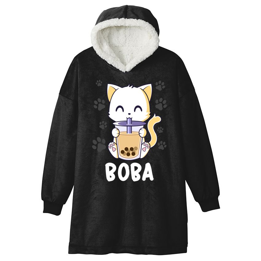 Boba Cat Bubble Tea Chibi Kitten Hooded Wearable Blanket