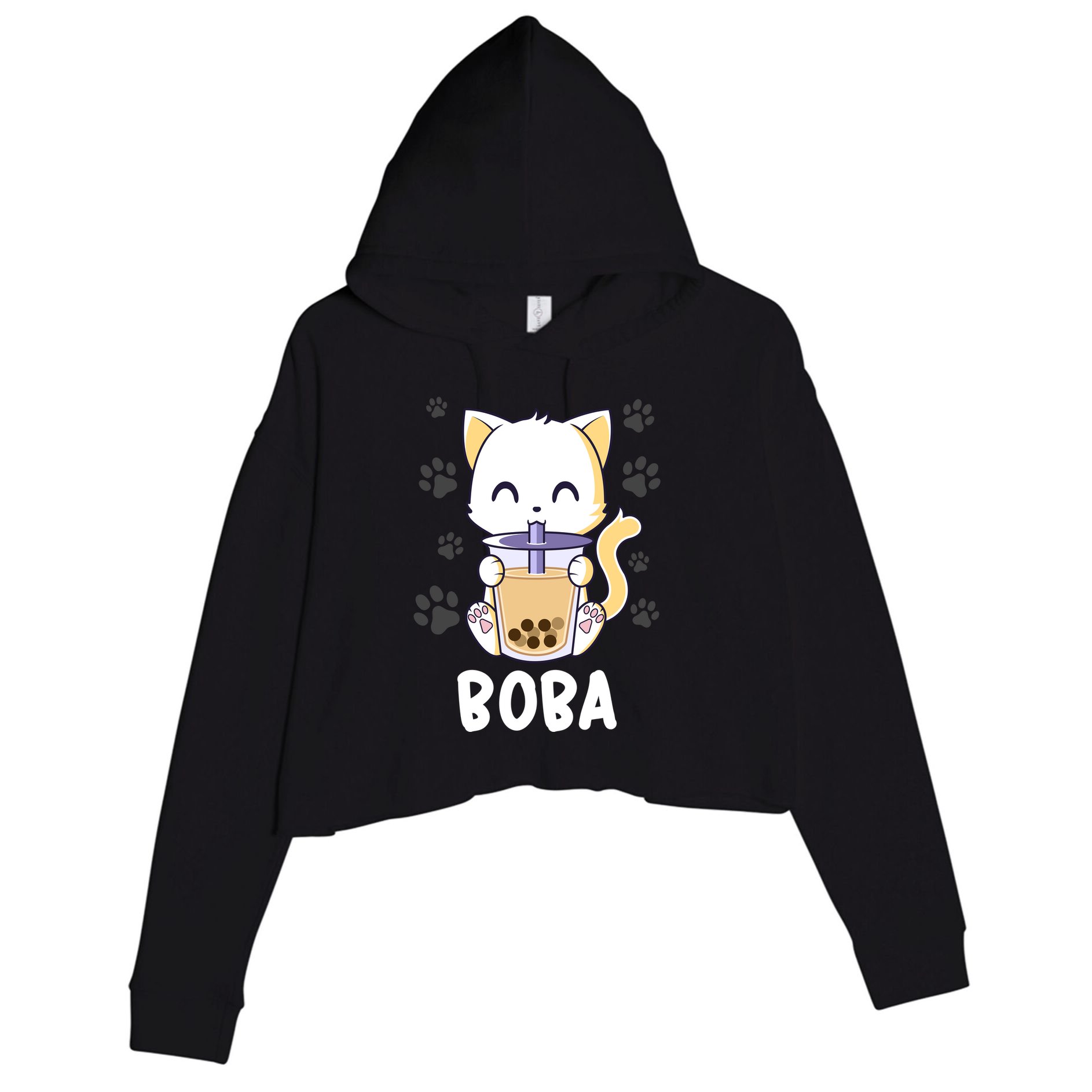 Boba Cat Bubble Tea Chibi Kitten Crop Fleece Hoodie