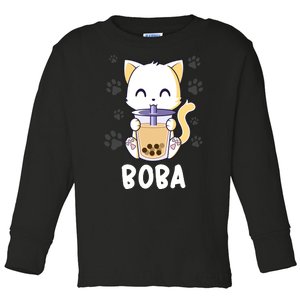 Boba Cat Bubble Tea Chibi Kitten Toddler Long Sleeve Shirt