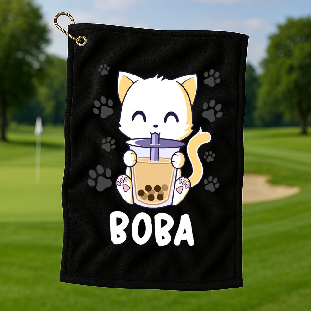 Boba Cat Bubble Tea Chibi Kitten Golf Towel