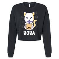 Boba Cat Bubble Tea Chibi Kitten Cropped Pullover Crew