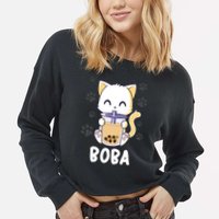 Boba Cat Bubble Tea Chibi Kitten Cropped Pullover Crew