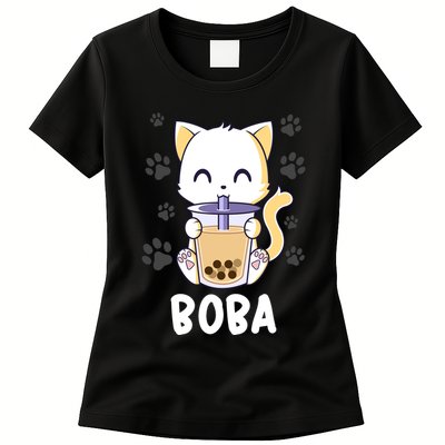 Boba Cat Bubble Tea Chibi Kitten Womens T-Shirt