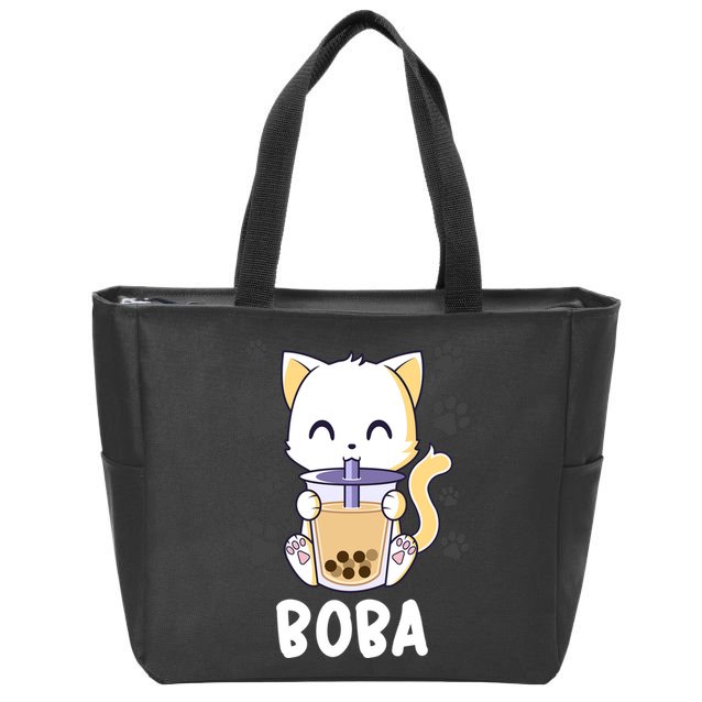 Boba Cat Bubble Tea Chibi Kitten Zip Tote Bag