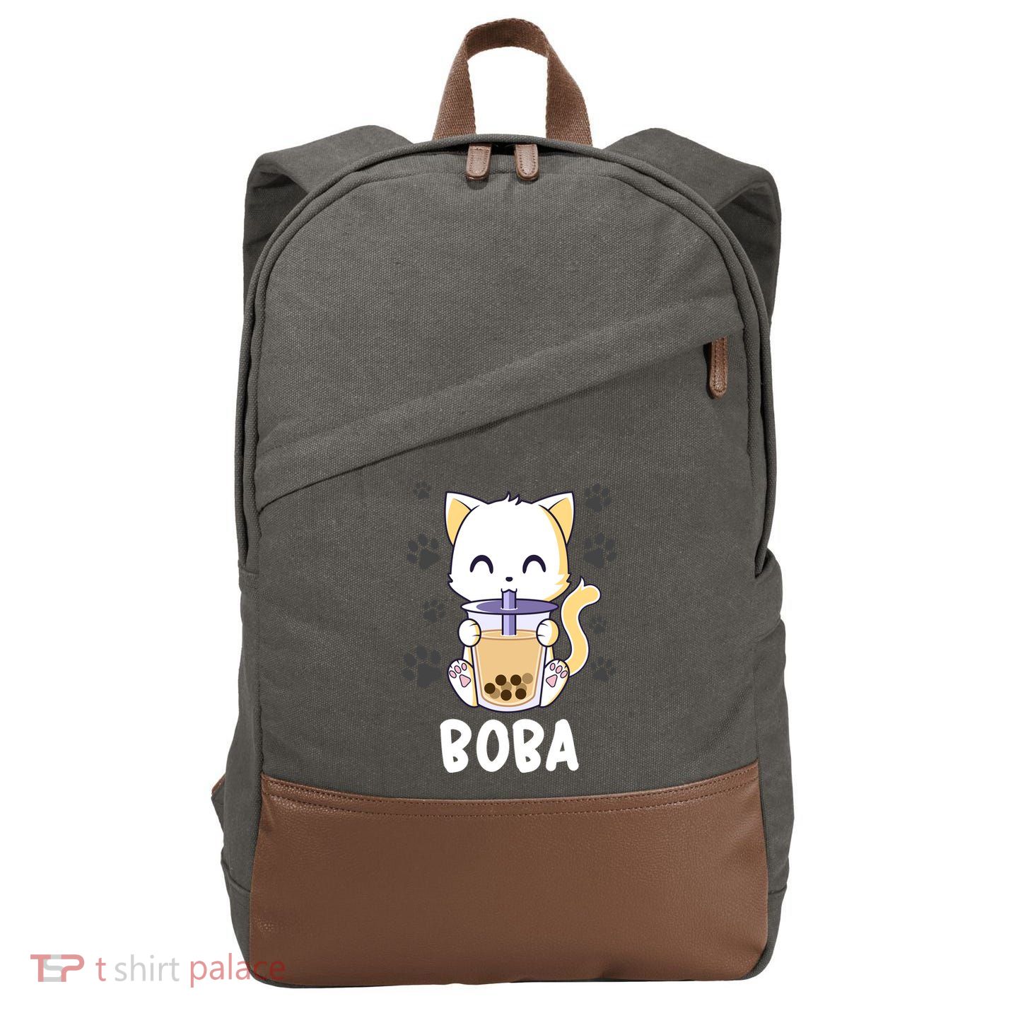 Boba Cat Bubble Tea Chibi Kitten Cotton Canvas Backpack