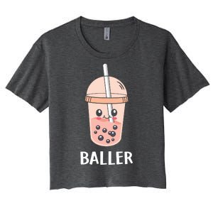 Baller Cat Boba Tea Bubble Tea Anime Kawaii Neko Strawberry Graphic Women's Crop Top Tee