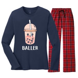 Baller Cat Boba Tea Bubble Tea Anime Kawaii Neko Strawberry Graphic Women's Long Sleeve Flannel Pajama Set 