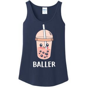 Baller Cat Boba Tea Bubble Tea Anime Kawaii Neko Strawberry Graphic Ladies Essential Tank