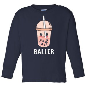 Baller Cat Boba Tea Bubble Tea Anime Kawaii Neko Strawberry Graphic Toddler Long Sleeve Shirt