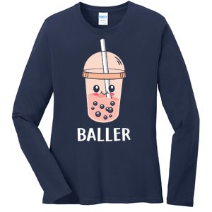 Baller Cat Boba Tea Bubble Tea Anime Kawaii Neko Strawberry Graphic Ladies Long Sleeve Shirt