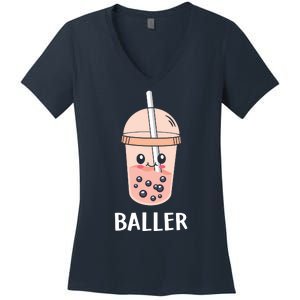 Baller Cat Boba Tea Bubble Tea Anime Kawaii Neko Strawberry Graphic Women's V-Neck T-Shirt