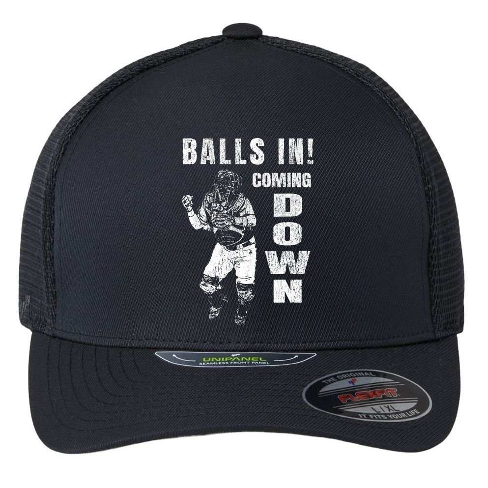 Baseball Catcher - Balls In - Coming Down - Baseball Flexfit Unipanel Trucker Cap