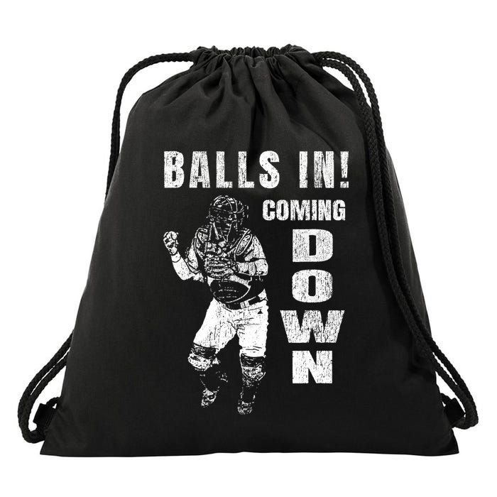 Baseball Catcher - Balls In - Coming Down - Baseball Drawstring Bag