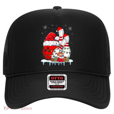 Bowling Christmas Bowling Santa Hat Christmas Lights High Crown Mesh Back Trucker Hat