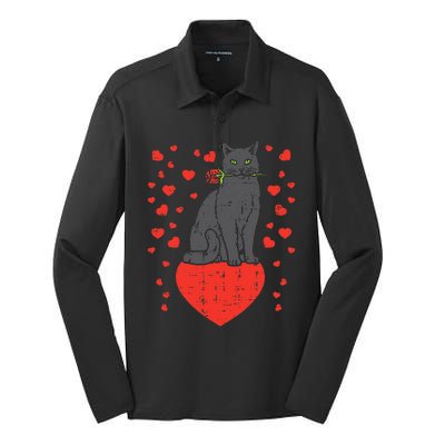 Black Cat Biting Rose Hearts Valentines Day Animal Pet Gift Silk Touch Performance Long Sleeve Polo