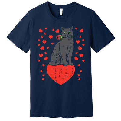 Black Cat Biting Rose Hearts Valentines Day Animal Pet Gift Premium T-Shirt