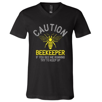 Beekeeper Caution Beekeeping Funny Bee Lover Gift V-Neck T-Shirt