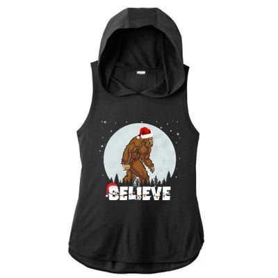 Believe Christmas Bigfoot Holiday Ladies PosiCharge Tri-Blend Wicking Draft Hoodie Tank