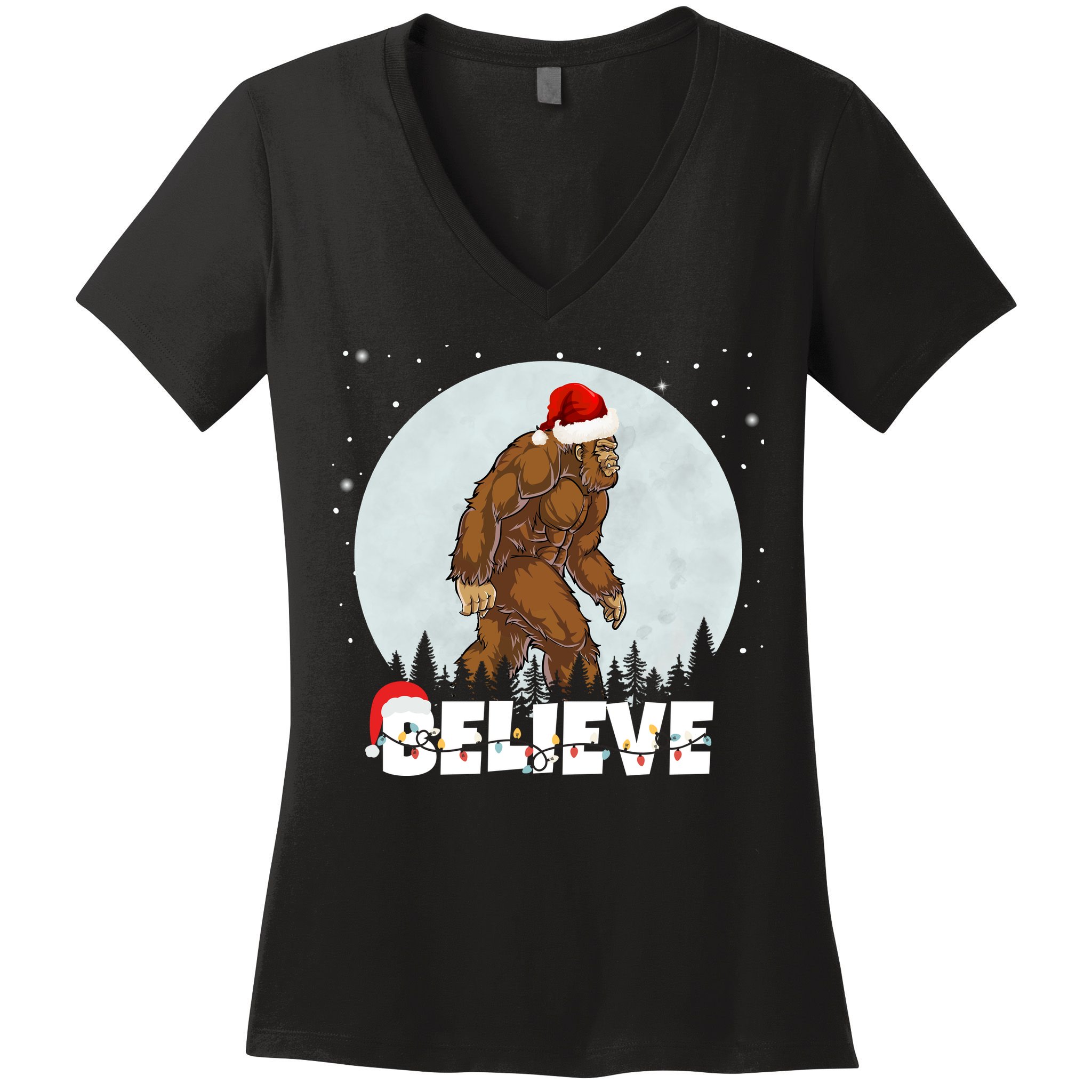 Believe Christmas Bigfoot Holiday Women's V-Neck T-Shirt