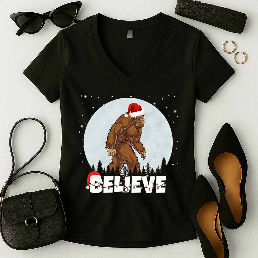 Believe Christmas Bigfoot Holiday Women's V-Neck T-Shirt