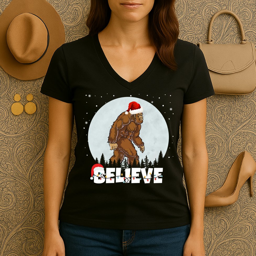 Believe Christmas Bigfoot Holiday Women's V-Neck T-Shirt